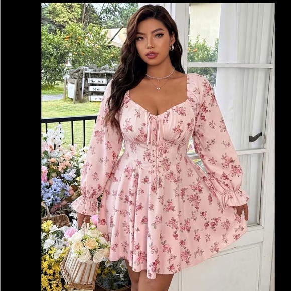 None Dresses & Skirts - Sweetheart Pink Floral Mini Dress with Long Sleeves